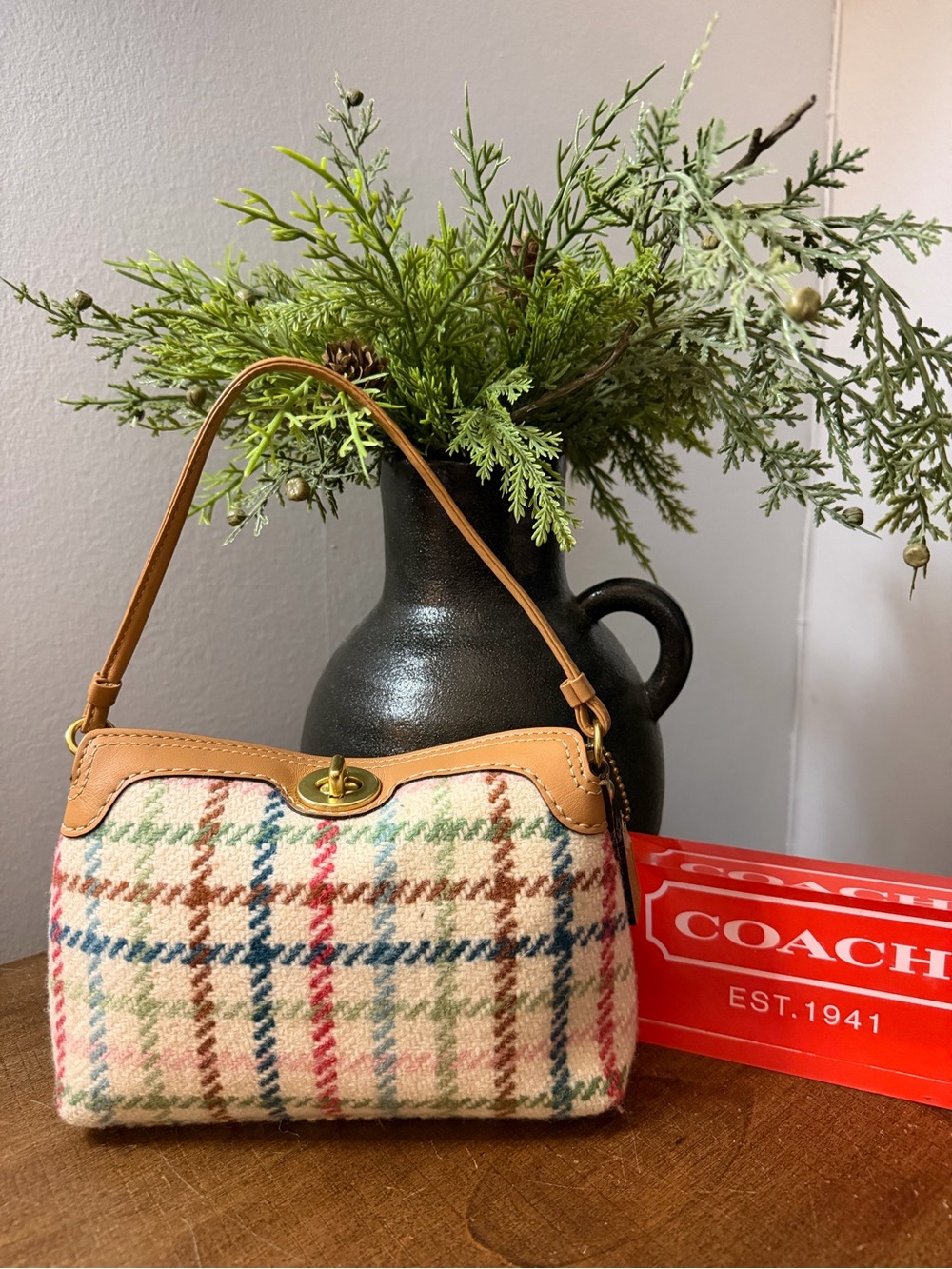 Coach Vintage Tweed Plaid Turnlock Wristlet